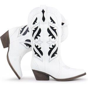 🆕Women's White Embroidered Pointed Toe Chunky Heel Cowgirl Western Booties